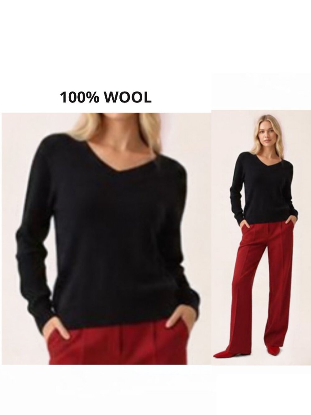 New Black V-neck Wool Sweater Medium